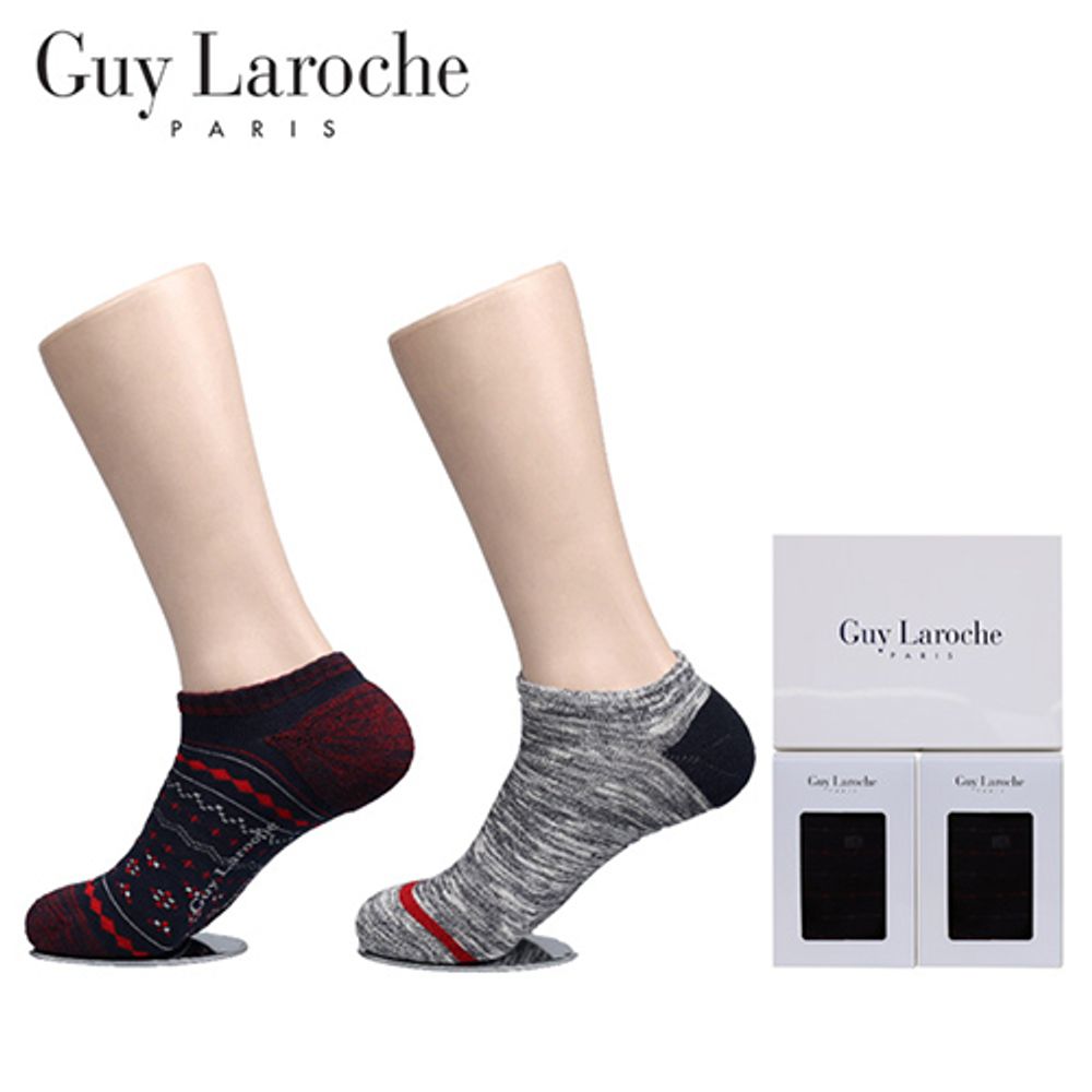 Guy Laroche Sneaker Socks GL-S-K2 – 2 Pair Set, French Style Sports Ankle Socks, Combed Cotton, Non-Slip Sole, Geometric & Stripe Pattern _ Made in KOREA